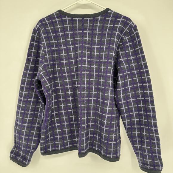 Field Manor Sweater Womens Large Purple Gray Plaid Merino Wool Button Cardigan - Picture 8 of 9